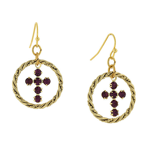 1928 Spiritual Shimmering Crystal Cross Hoop Earrings