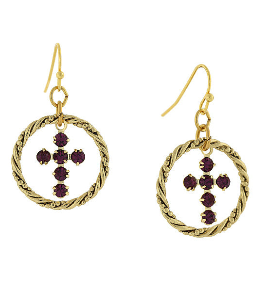 1928 Spiritual Shimmering Crystal Cross Hoop Earrings