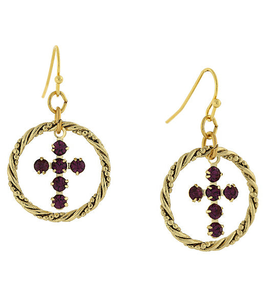 1928 Spiritual Shimmering Crystal Cross Hoop Earrings