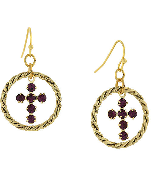 1928 Spiritual Shimmering Crystal Cross Hoop Earrings