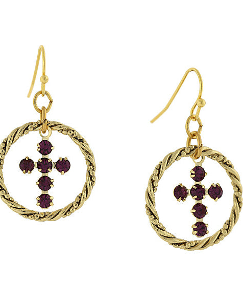 1928 Spiritual Shimmering Crystal Cross Hoop Earrings