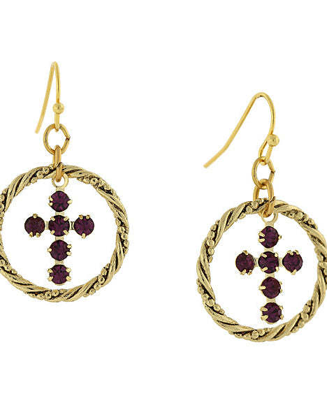 1928 Spiritual Shimmering Crystal Cross Hoop Earrings