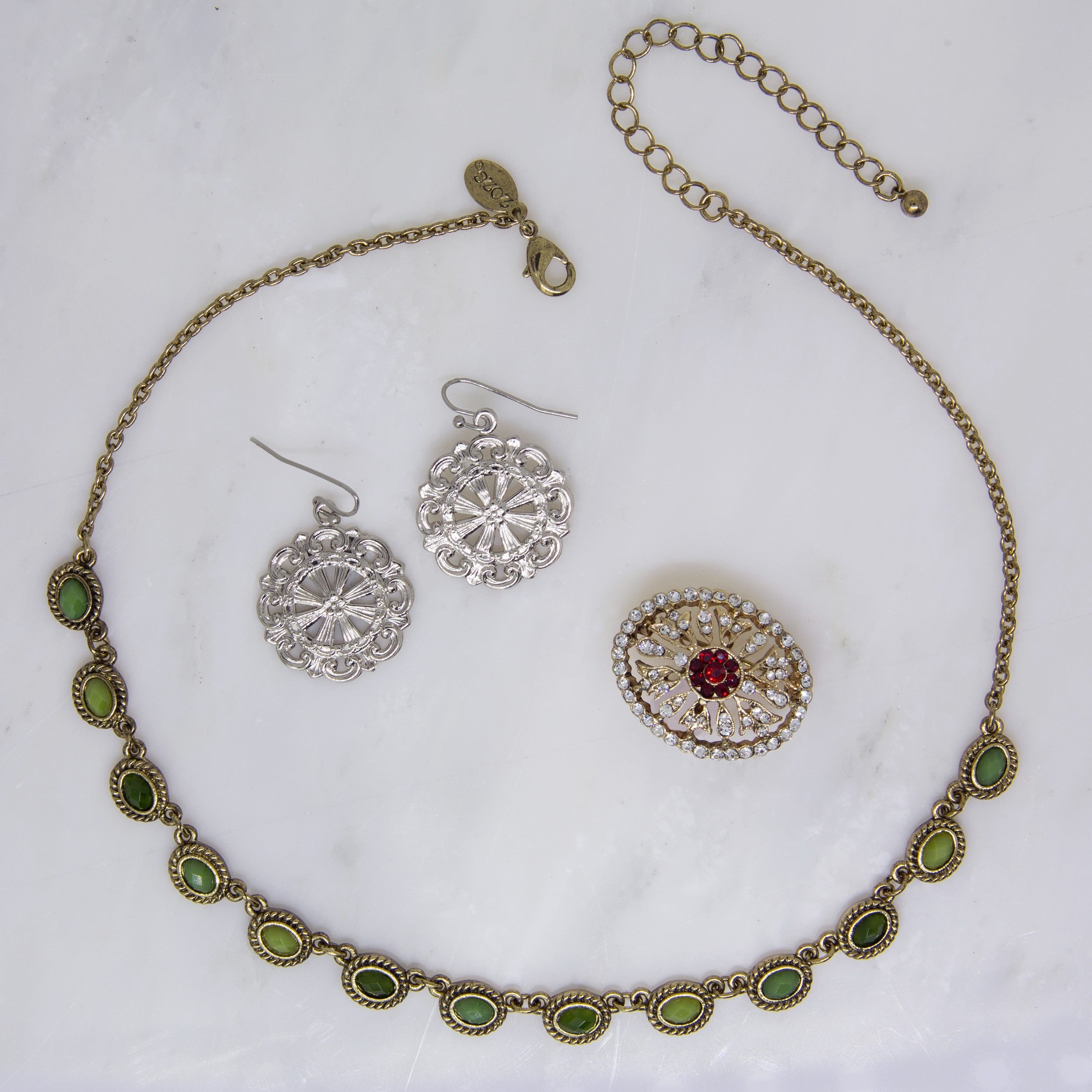 1928 Jewelry $80 Value Mystery Jewelry Package One Necklace, One Earring and One Brooch