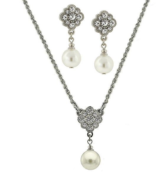1928 Jewelry Faux Pearl And Crystal Earrings And Pendant Necklace Set