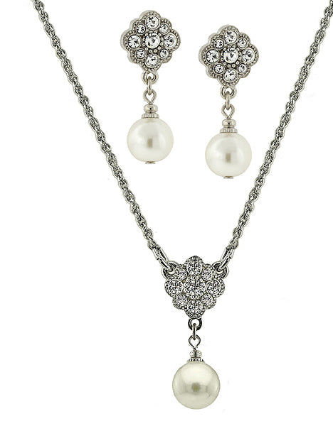 1928 Jewelry Faux Pearl And Crystal Earrings And Pendant Necklace Set
