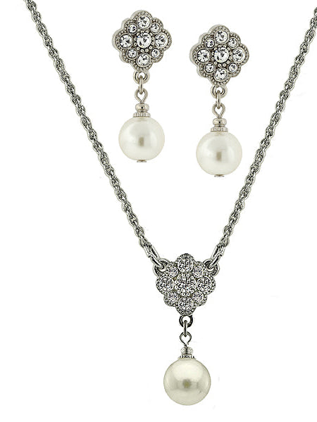 1928 Jewelry Faux Pearl And Crystal Earrings And Pendant Necklace Set