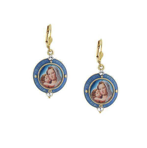 Symbols Of Faith Hand Enamel Crystal Mary And Child Decal Drop Earrings