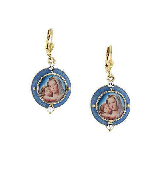 Symbols Of Faith Hand Enamel Crystal Mary And Child Decal Drop Earrings