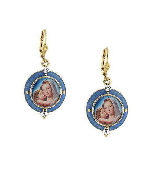 Symbols Of Faith Hand Enamel Crystal Mary And Child Decal Drop Earrings