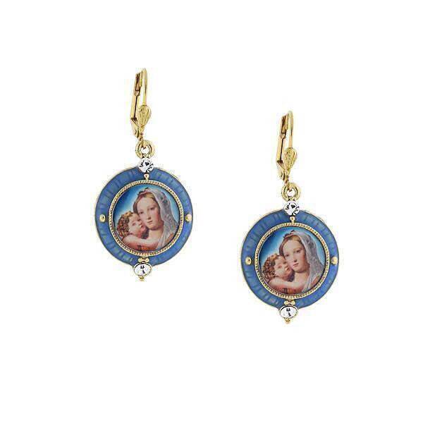 Symbols Of Faith Hand Enamel Crystal Mary And Child Decal Drop Earrings