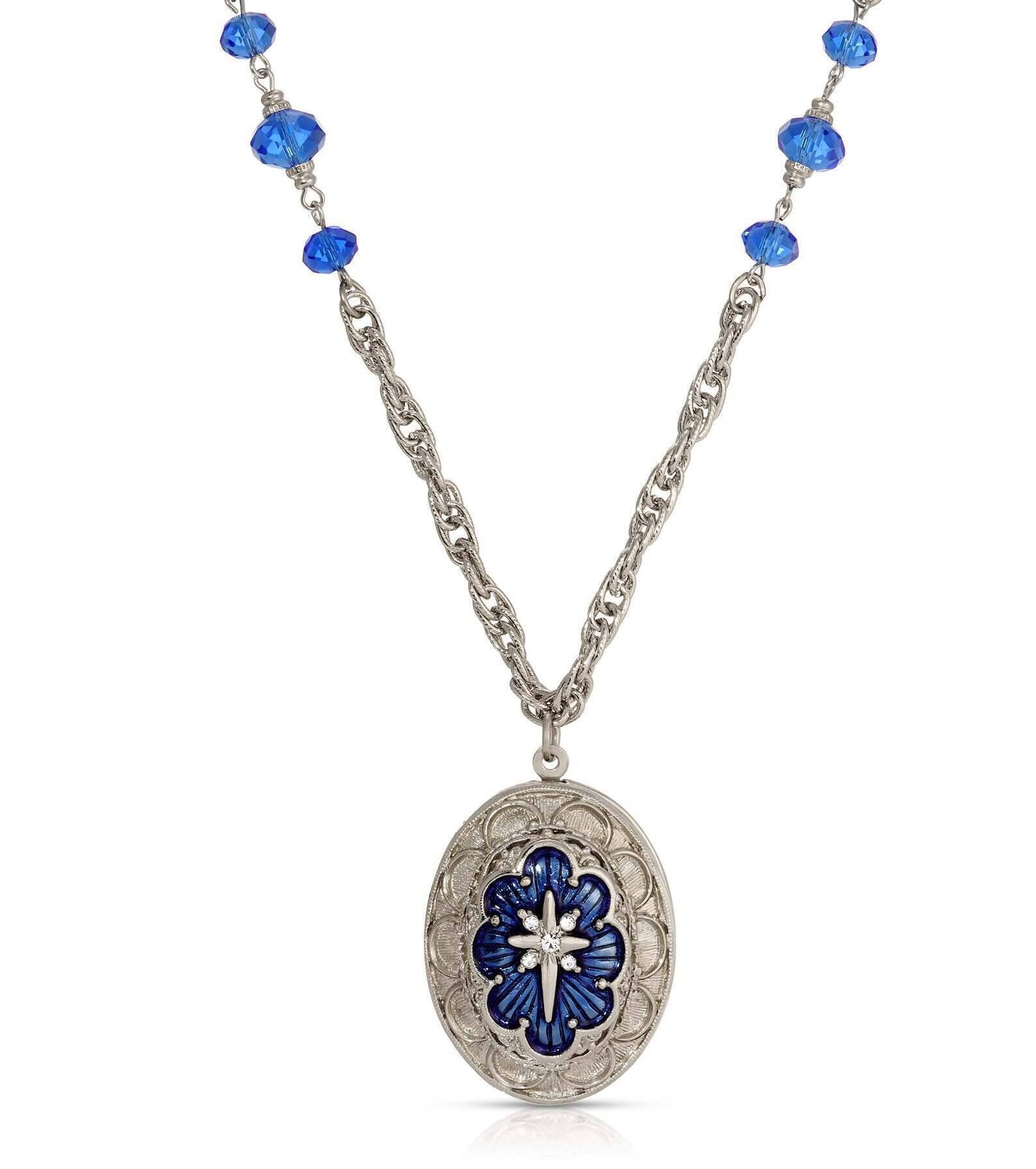 Symbols Of Faith Star of Bethlehem Crystal Bead Enamel Locket Necklace 28"