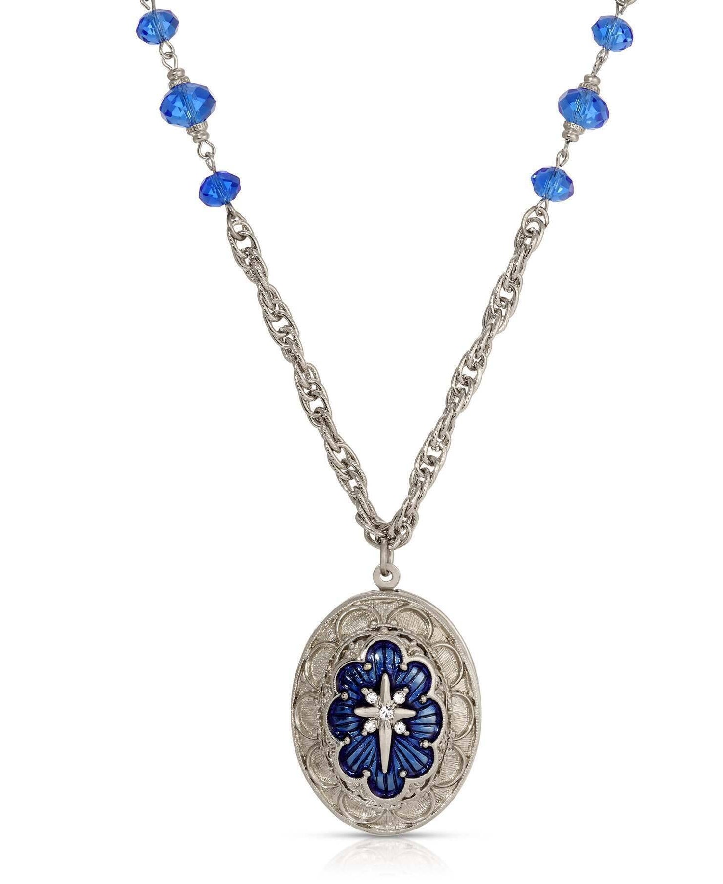 Symbols Of Faith Star of Bethlehem Crystal Bead Enamel Locket Necklace 28"