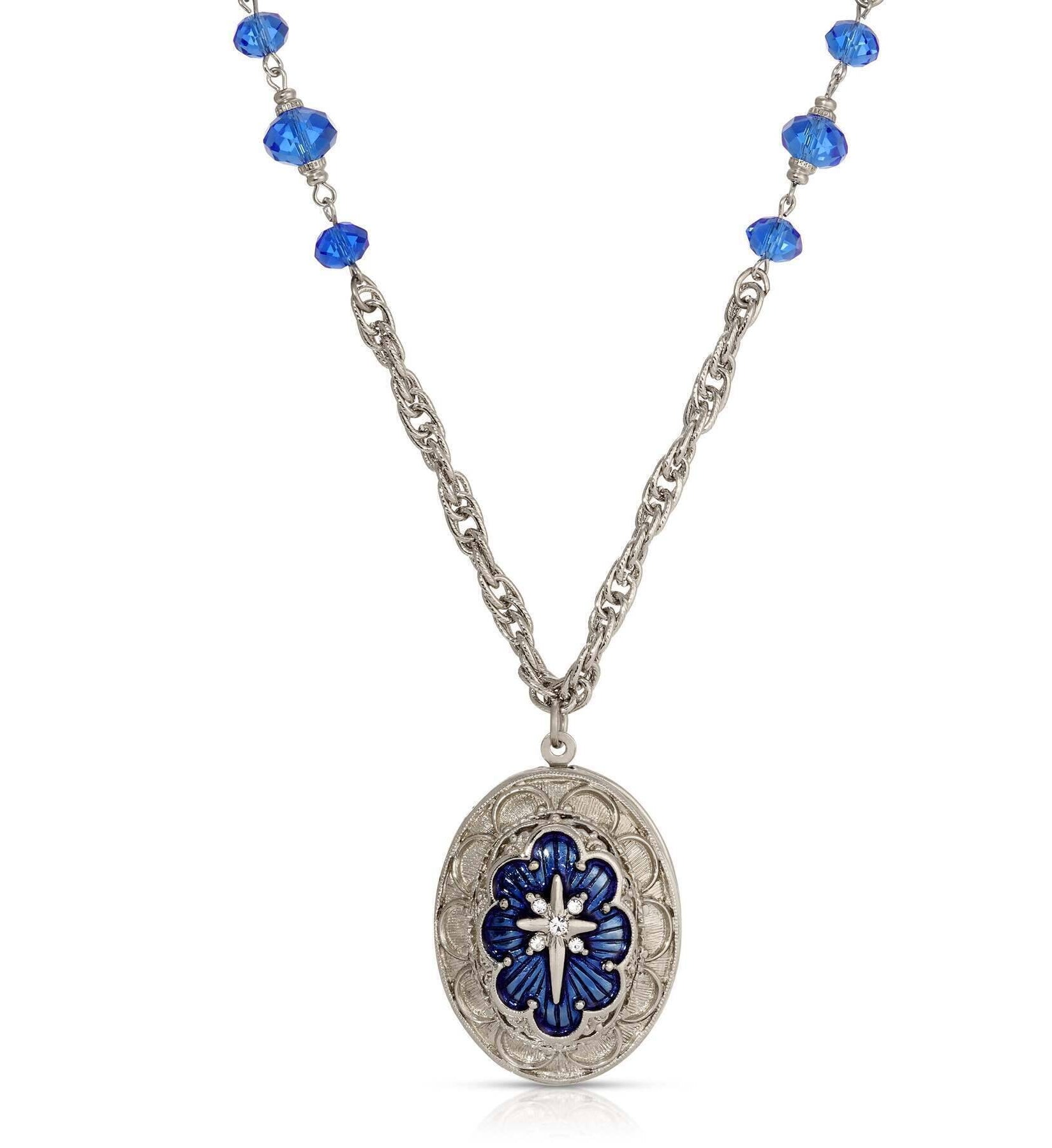 Symbols Of Faith Star of Bethlehem Crystal Bead Enamel Locket Necklace 28"