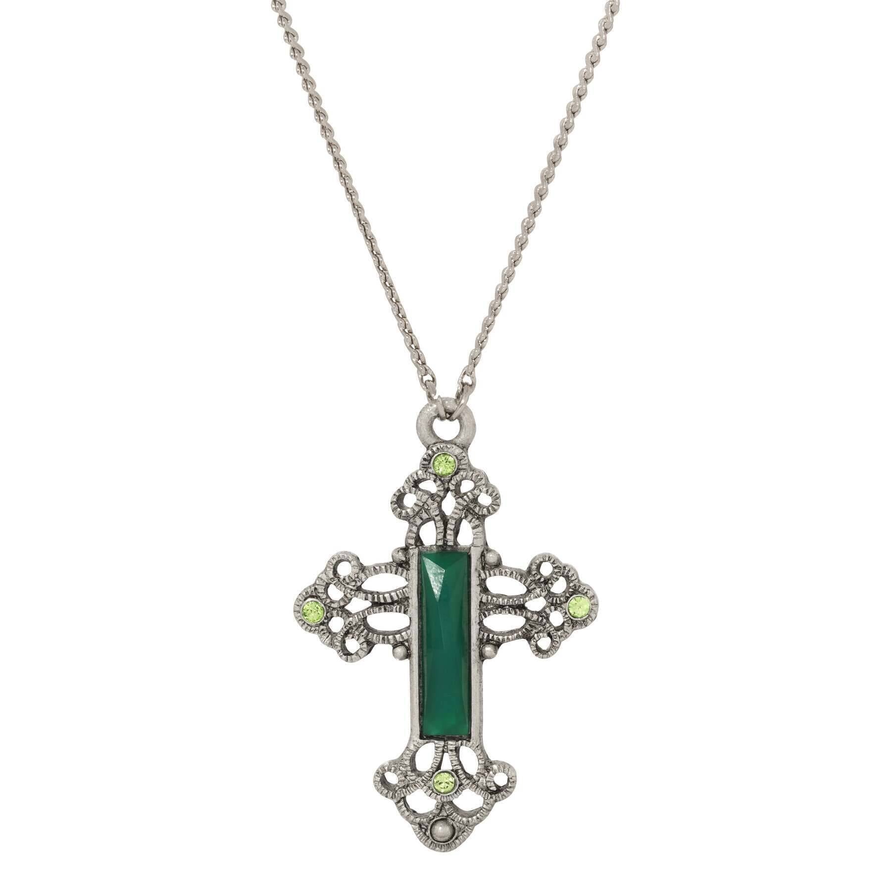 Symbols Of Faith Rectangular Stone Filigree Crystal Cross Pendant Necklace 30"