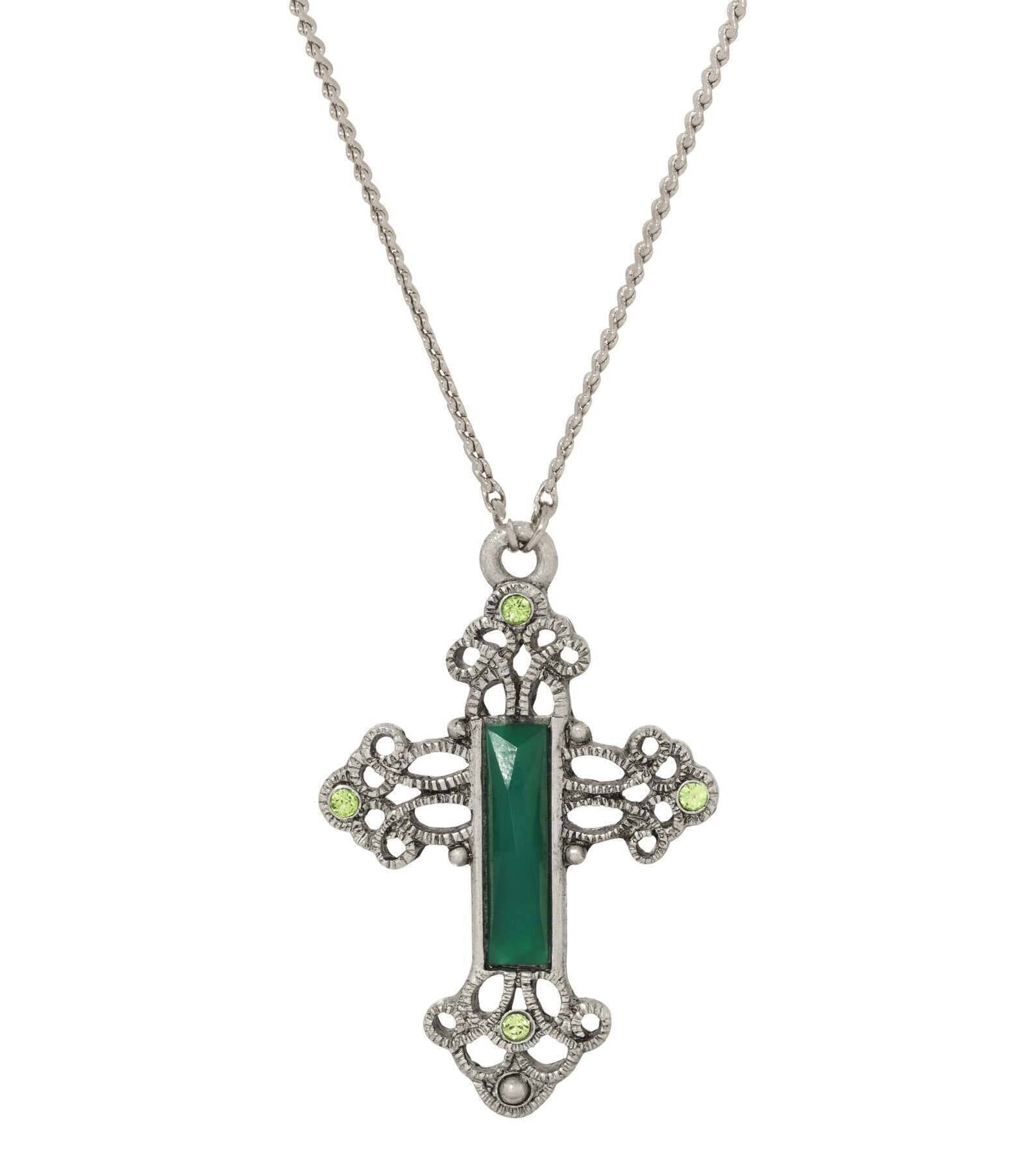 Symbols Of Faith Rectangular Stone Filigree Crystal Cross Pendant Necklace 30"