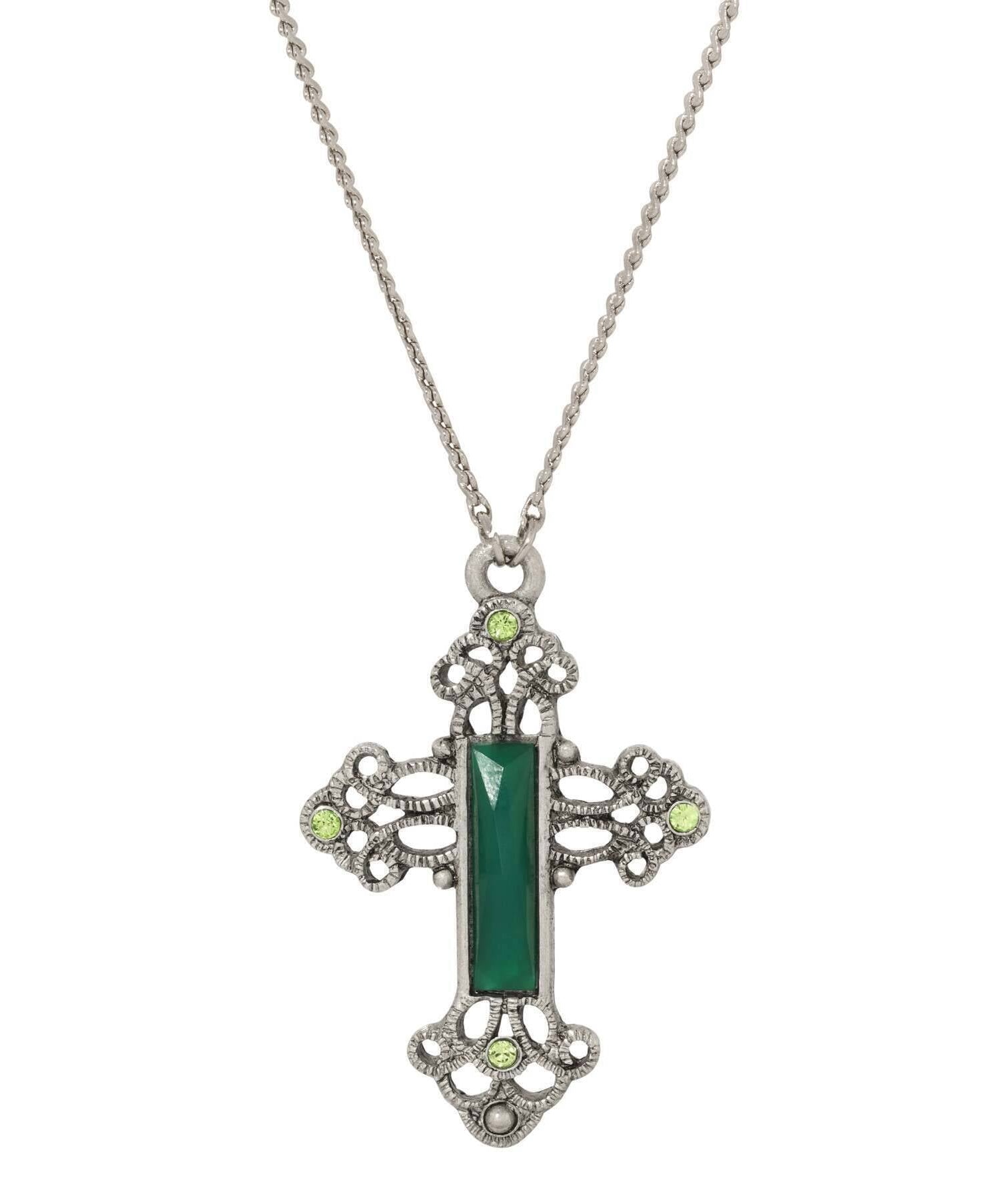 Symbols Of Faith Rectangular Stone Filigree Crystal Cross Pendant Necklace 30"