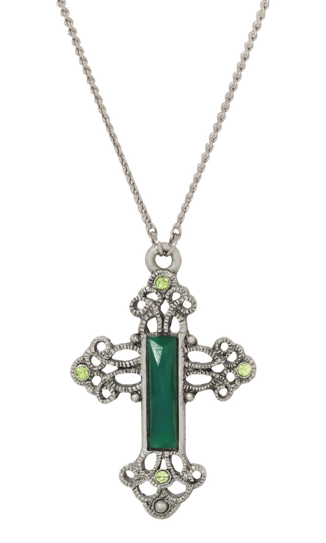 Symbols Of Faith Rectangular Stone Filigree Crystal Cross Pendant Necklace 30"