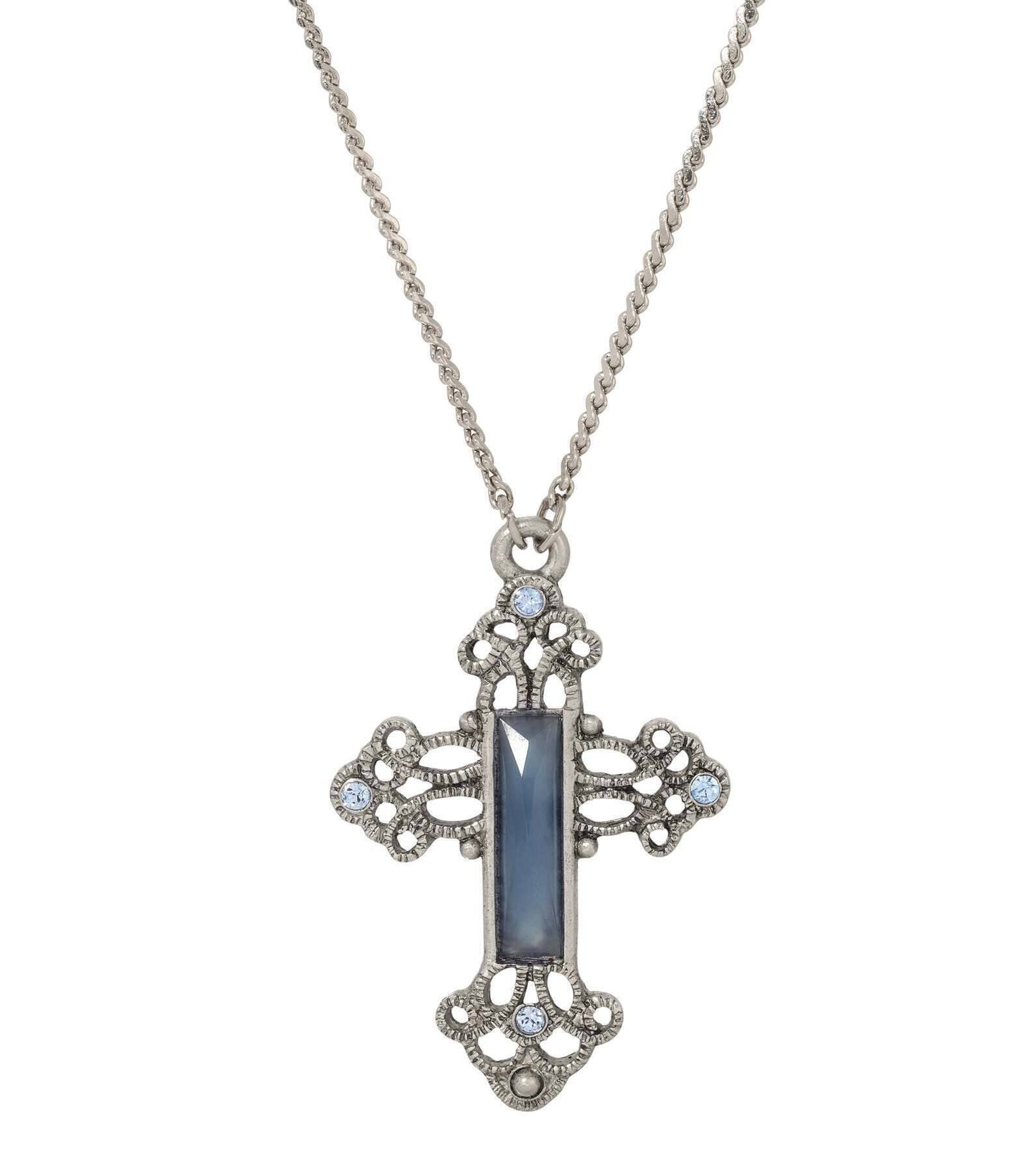 Symbols Of Faith Rectangular Stone Filigree Crystal Cross Pendant Necklace 30"