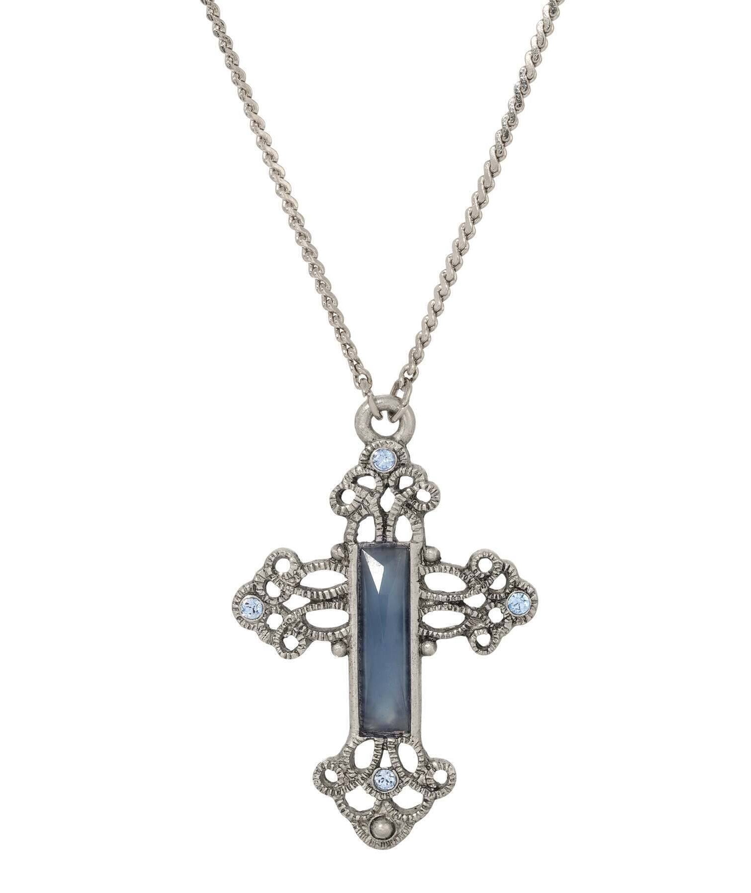 Symbols Of Faith Rectangular Stone Filigree Crystal Cross Pendant Necklace 30"