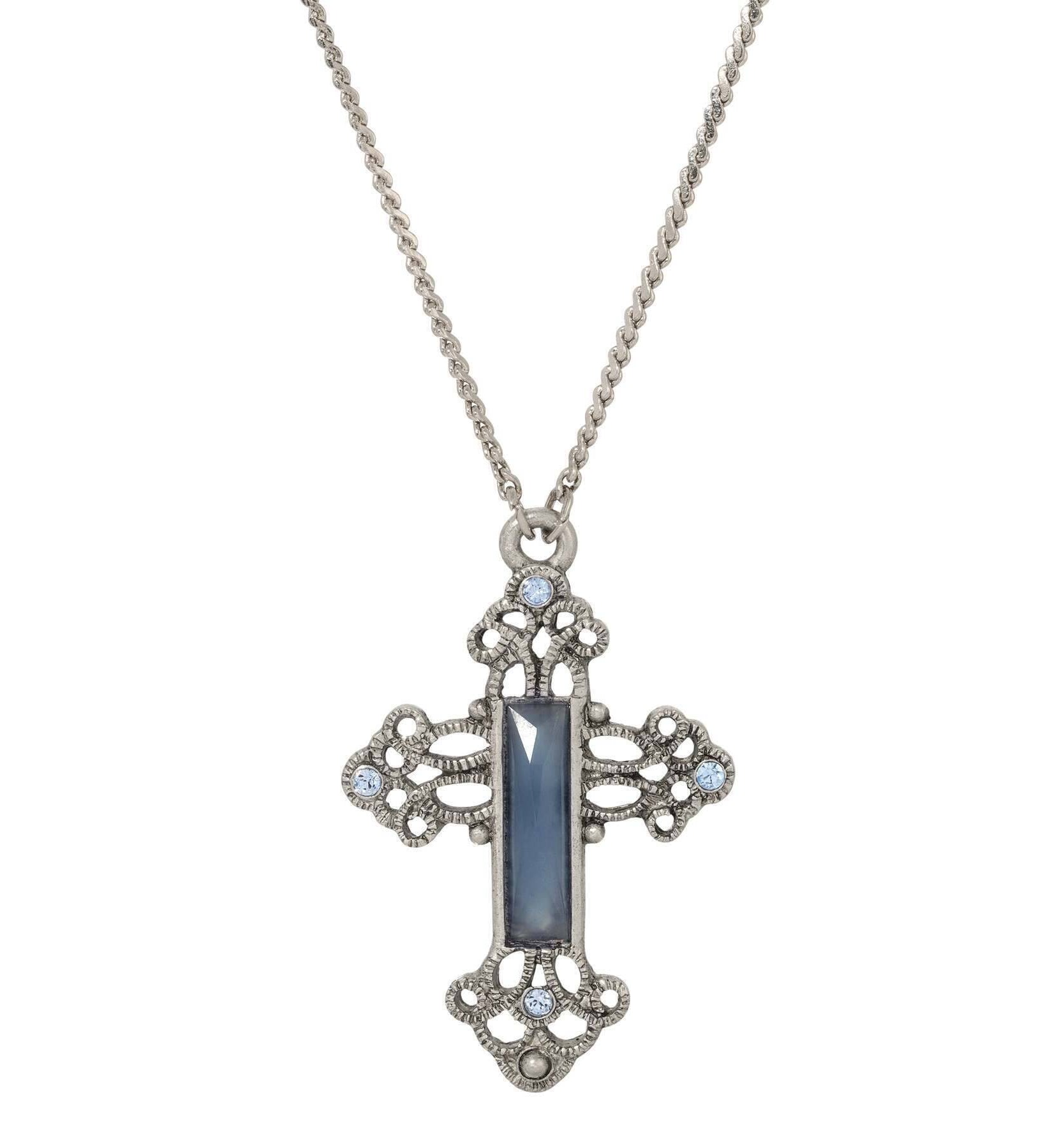 Symbols Of Faith Rectangular Stone Filigree Crystal Cross Pendant Necklace 30"