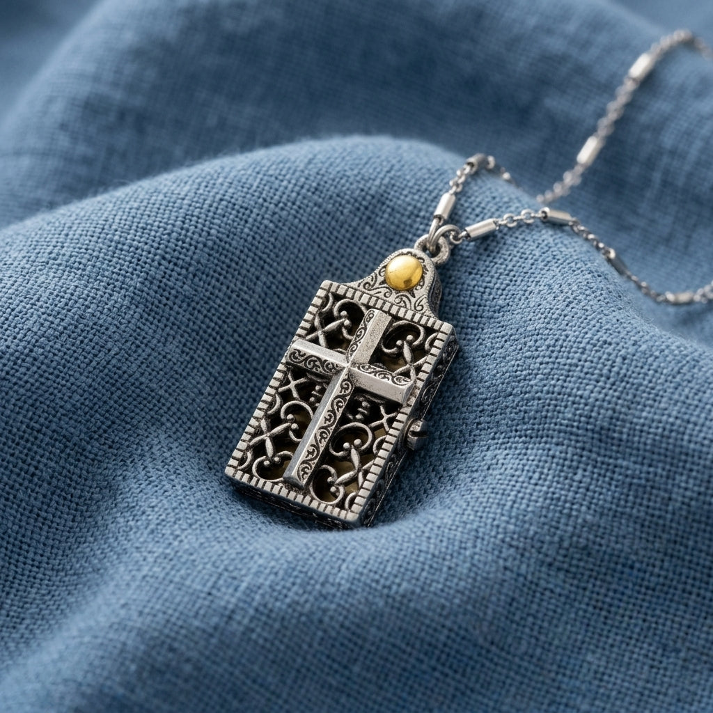 Decorative silver locket pendant with a cross on a blue fabric background