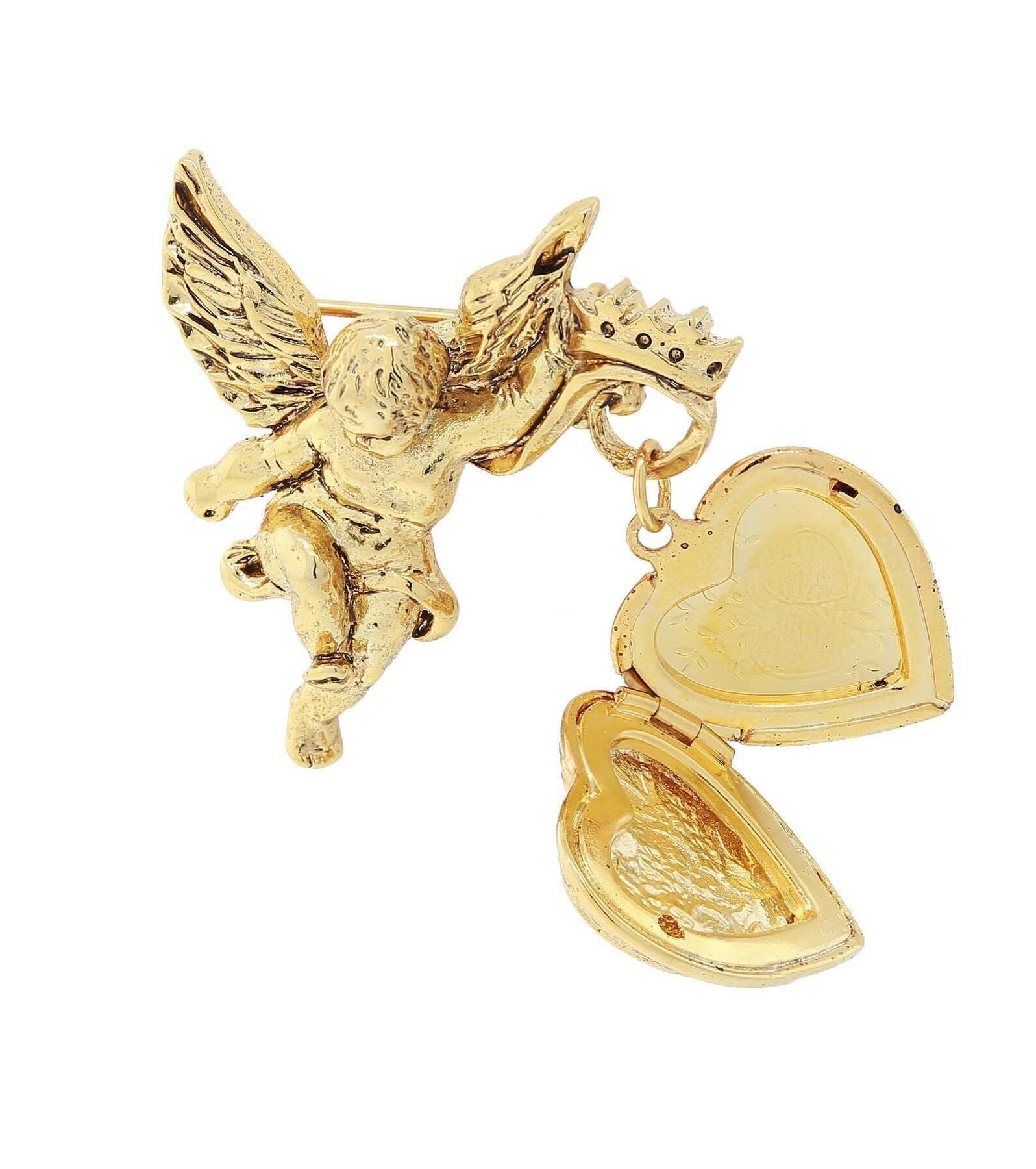 Symbols Of Faith Winged Angel Crystal Cross Heart Locket Brooch