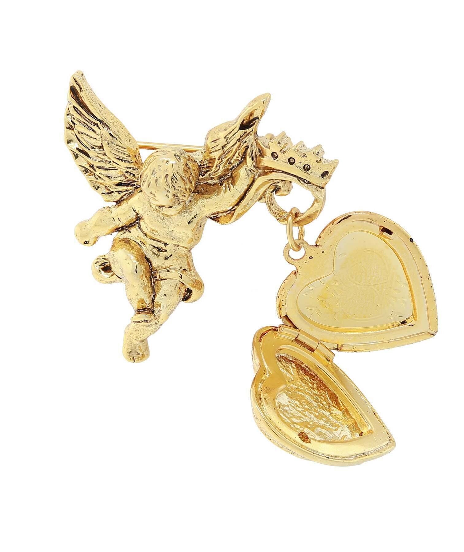 Symbols Of Faith Winged Angel Crystal Cross Heart Locket Brooch