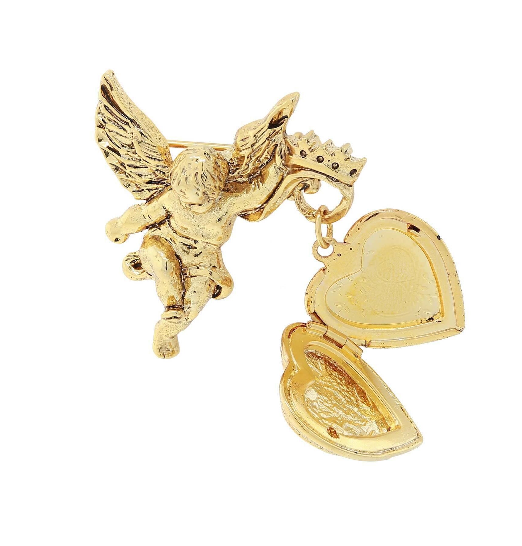 Symbols Of Faith Winged Angel Crystal Cross Heart Locket Brooch