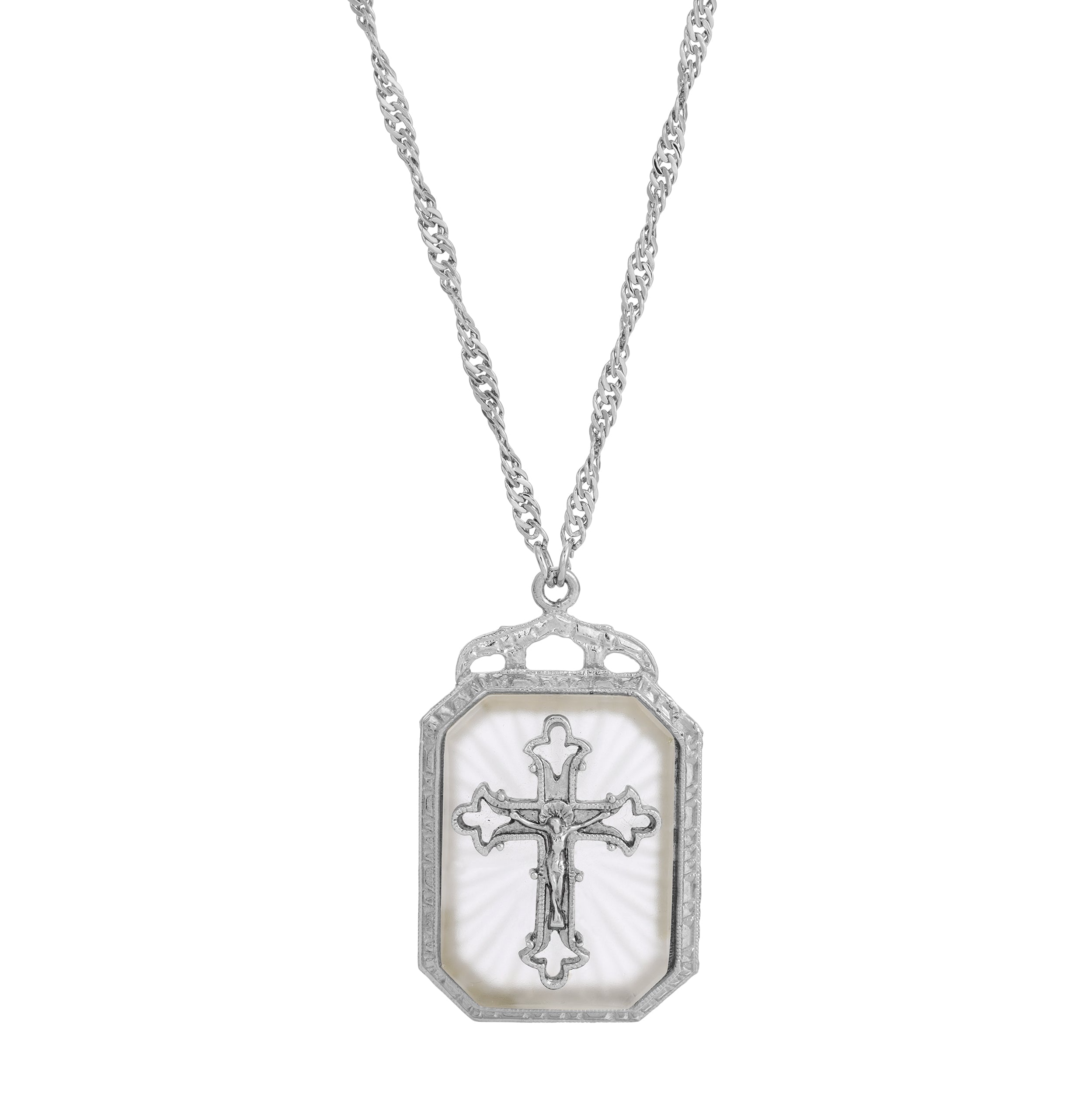Symbols Of Faith Frosted Stone With Cross Large Pendant Necklace 28"