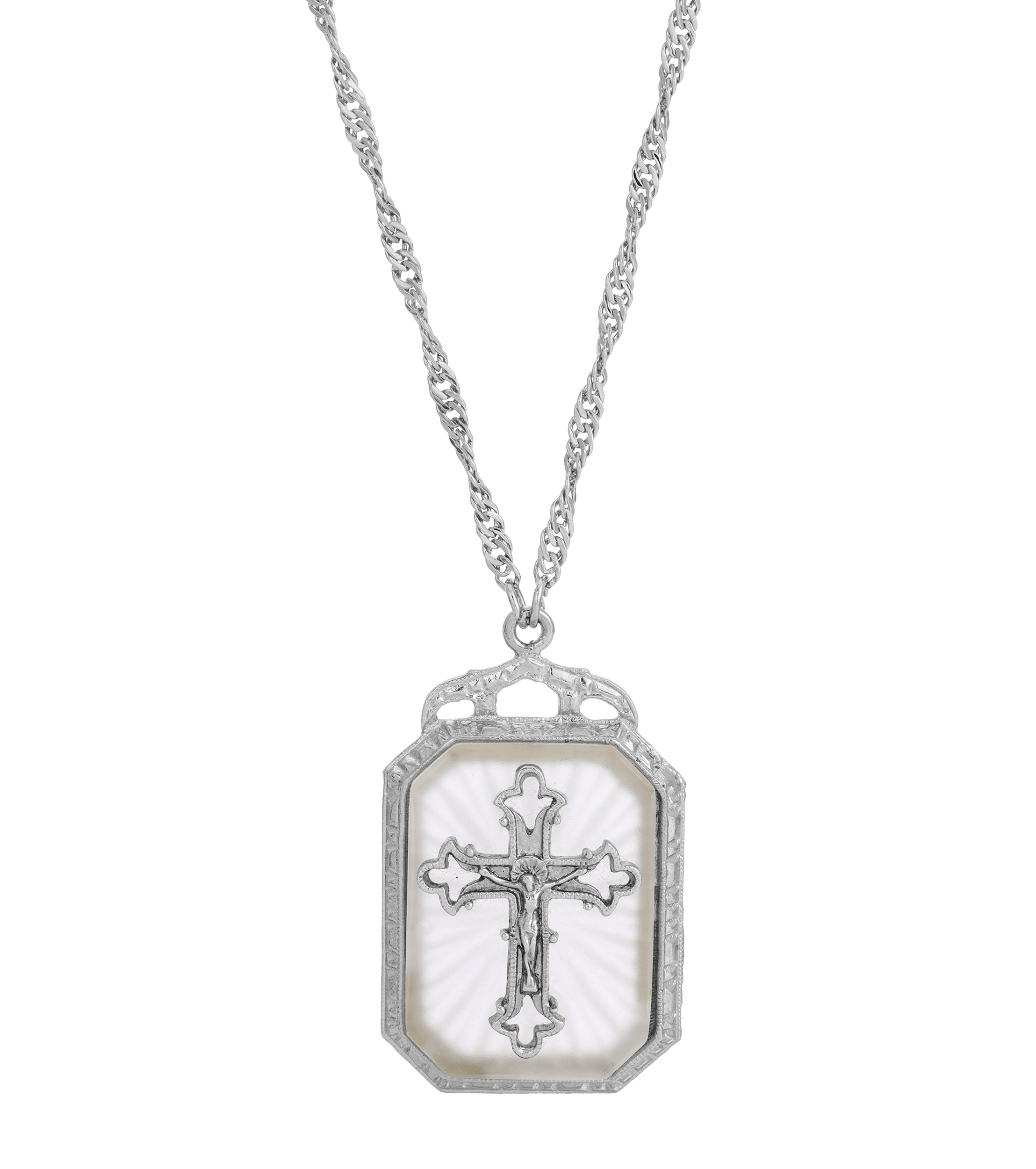 Symbols Of Faith Frosted Stone With Cross Large Pendant Necklace 28"