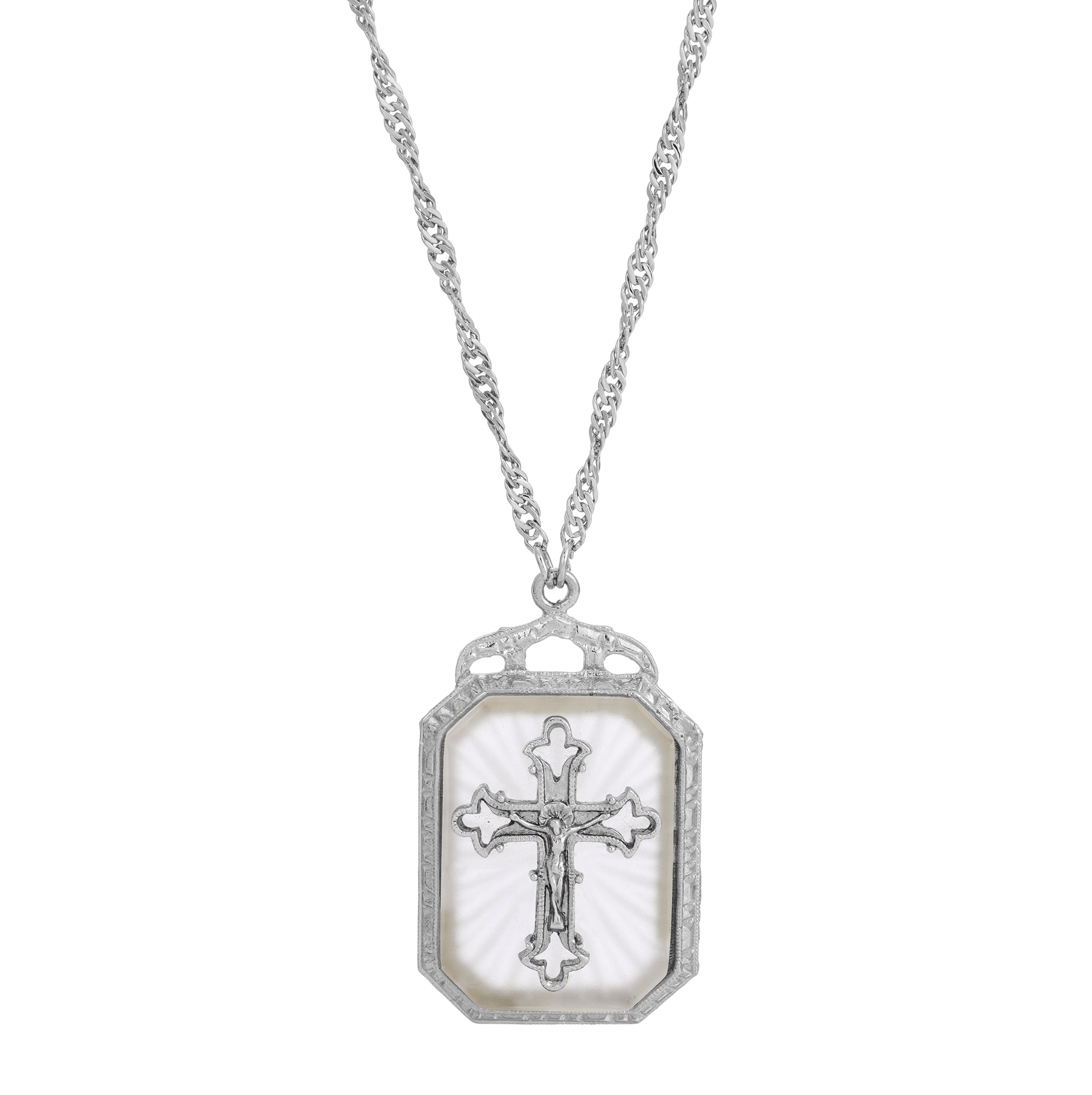 Symbols Of Faith Frosted Stone With Cross Large Pendant Necklace 28"