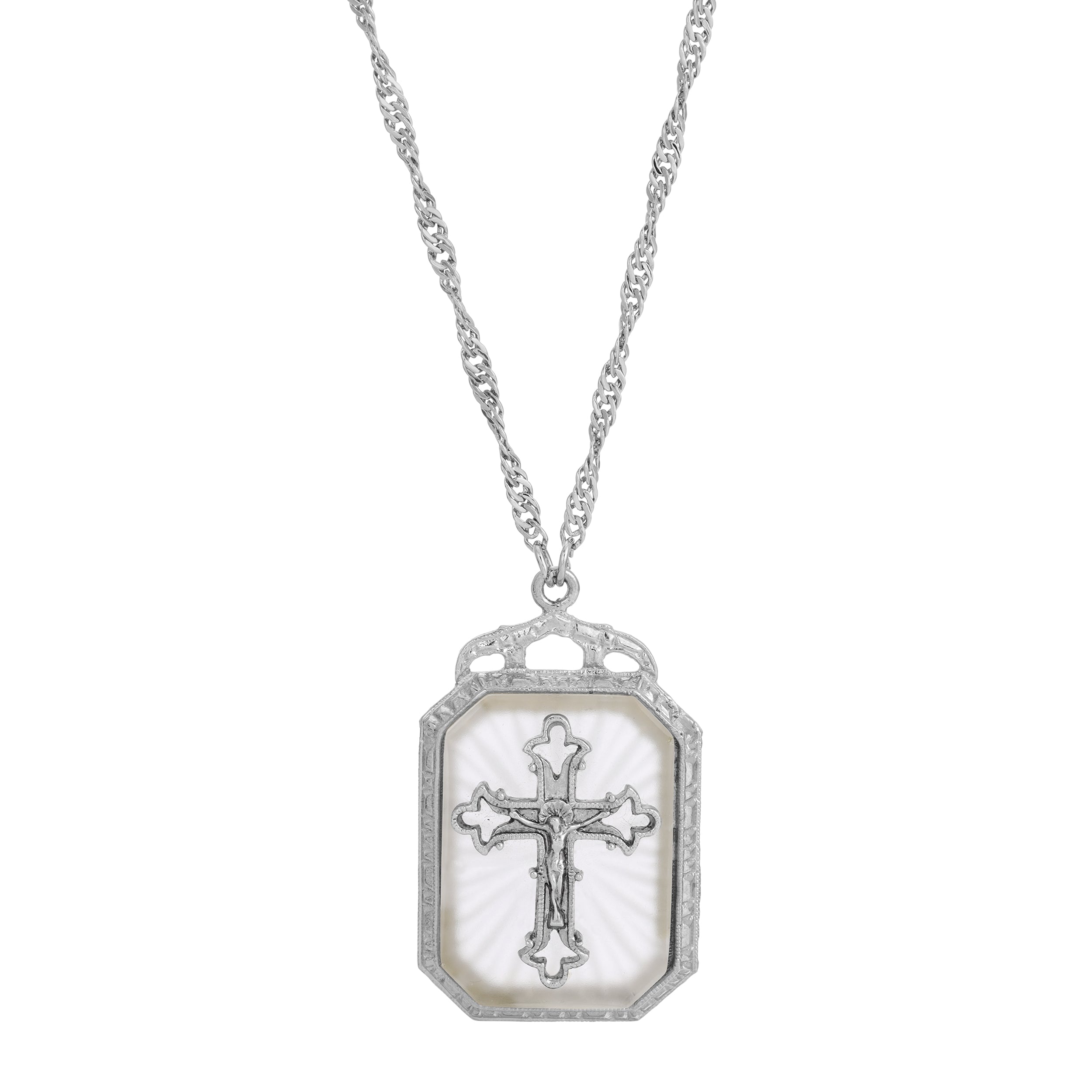 Symbols Of Faith Frosted Stone With Cross Large Pendant Necklace 28"