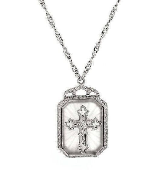 Symbols Of Faith Frosted Stone With Cross Large Pendant Necklace 28"