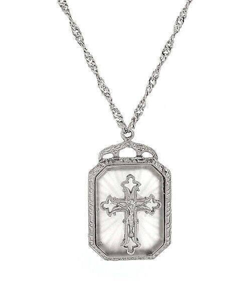 Symbols Of Faith Frosted Stone With Cross Large Pendant Necklace 28"
