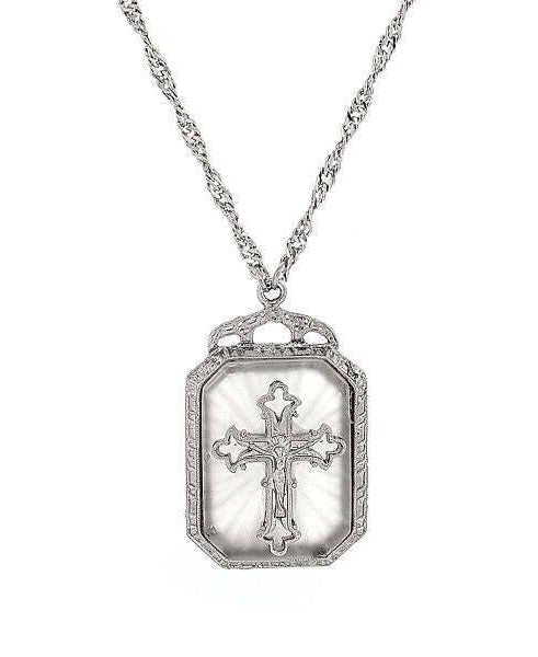 Symbols Of Faith Frosted Stone With Cross Large Pendant Necklace 28"