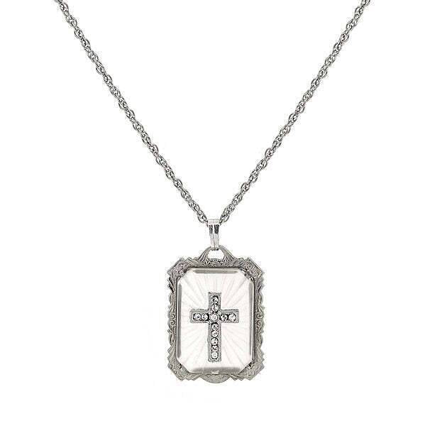Symbols Of Faith Frosted Stone With Crystal Cross Large Pendant Necklace 18"