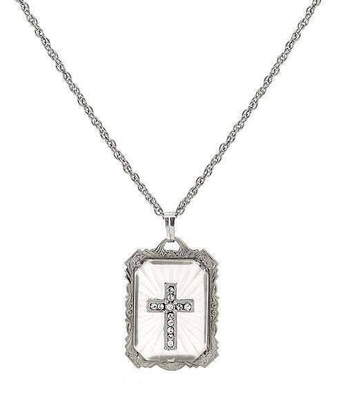 Symbols Of Faith Frosted Stone With Crystal Cross Large Pendant Necklace 18"
