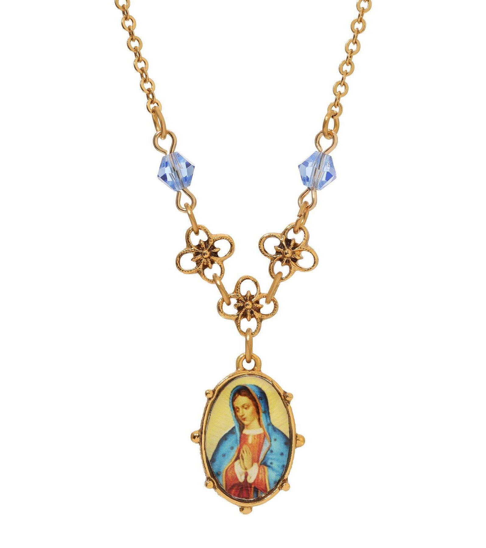 Symbols Of Faith Light Blue Small Oval Mary Pendant Necklace 16" + 3" Extender