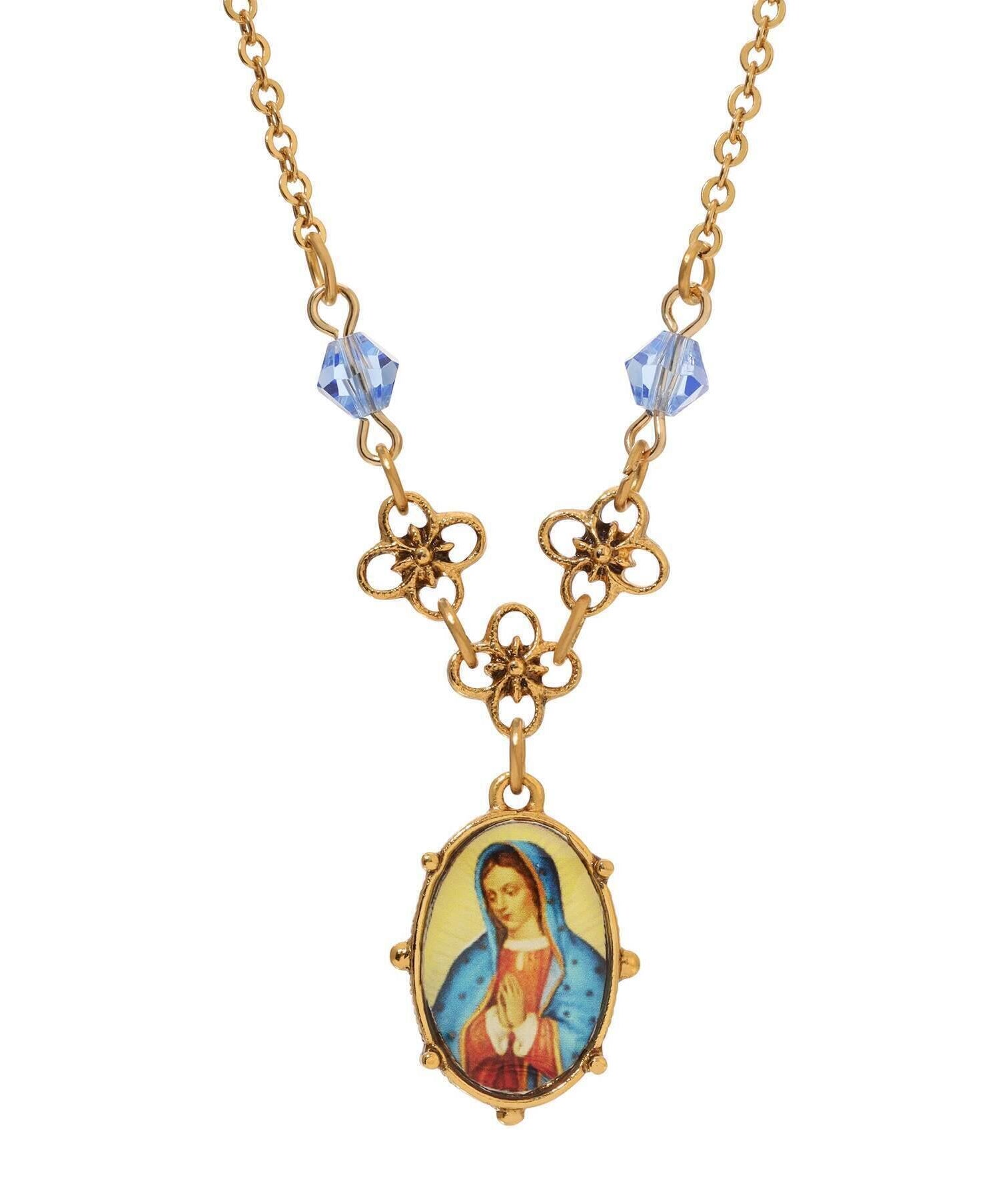 Symbols Of Faith Light Blue Small Oval Mary Pendant Necklace 16" + 3" Extender