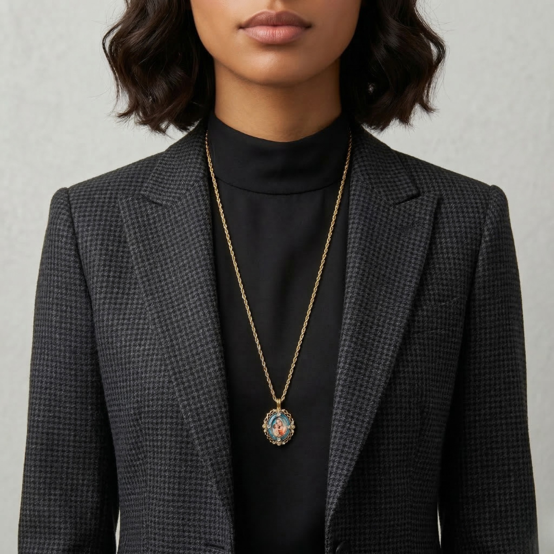 Person wearing a gold necklace with a Mother Mary and Child pendant, dressed in a black turtleneck and gray blazer.