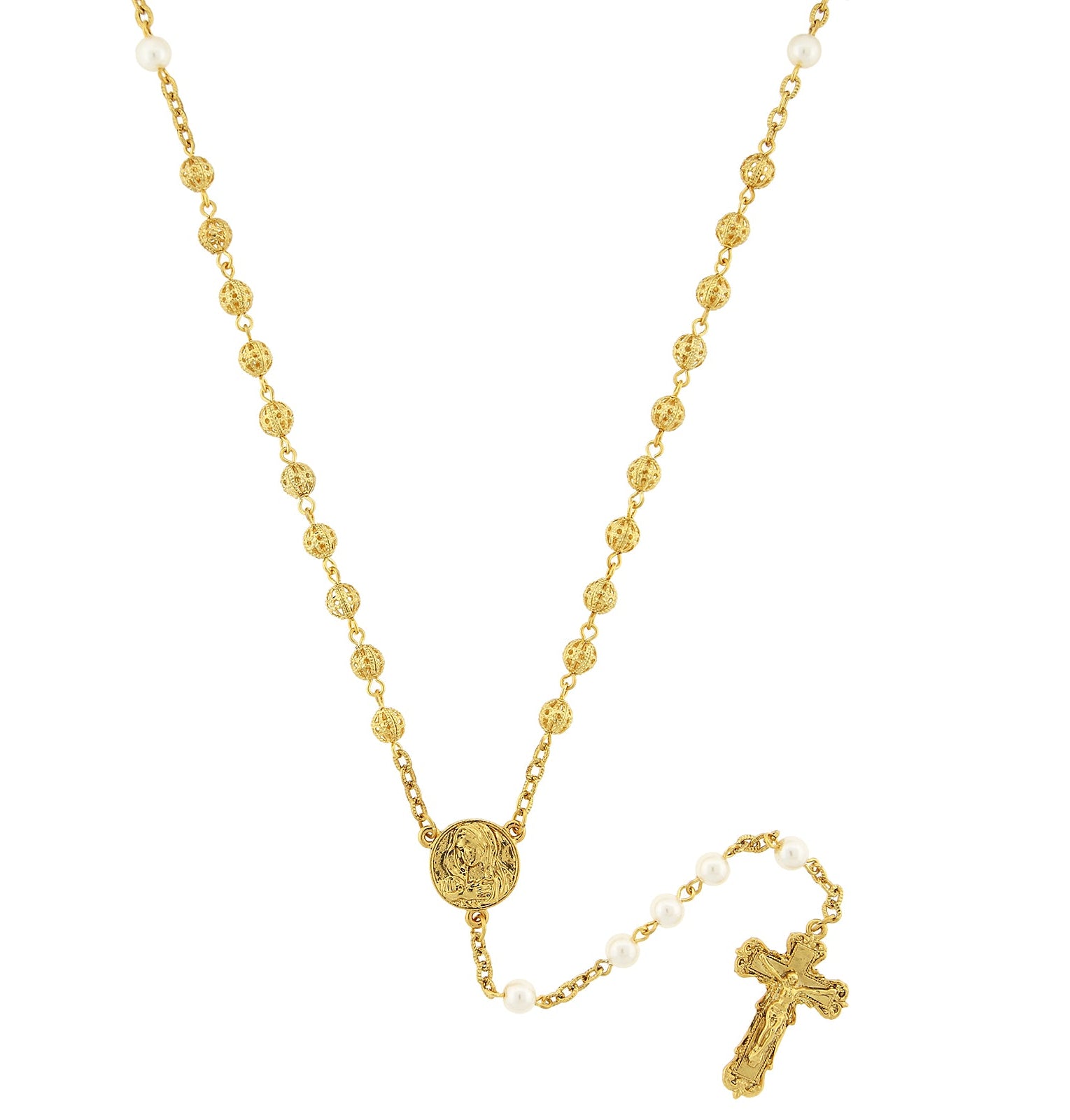 Symbols Of Faith Faux Pearl Filigree Beaded Rosary