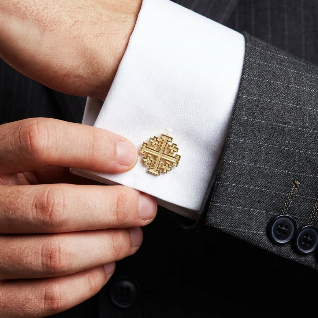 Gold Jerusalem Cross cufflink attached to a man's suit