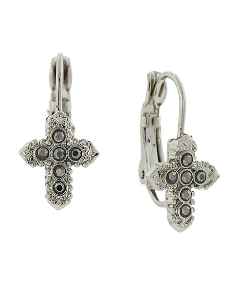 Symbols Of Faith Hematite Crystal Petite Cross Earrings