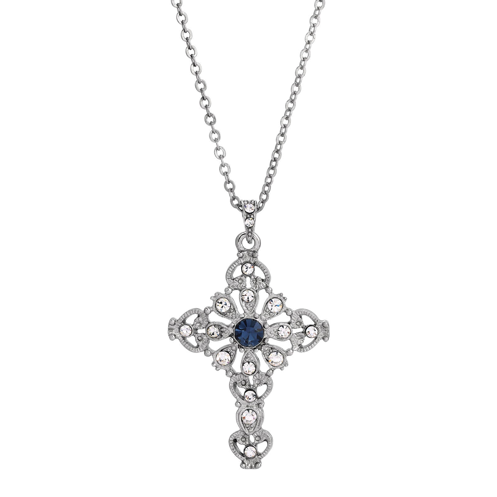Symbols Of Faith Blue And Crystal Cross Pendant Necklace 16" + 3" Extender