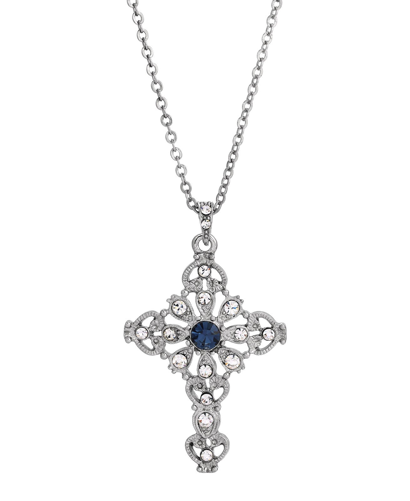 Symbols Of Faith Blue And Crystal Cross Pendant Necklace 16" + 3" Extender