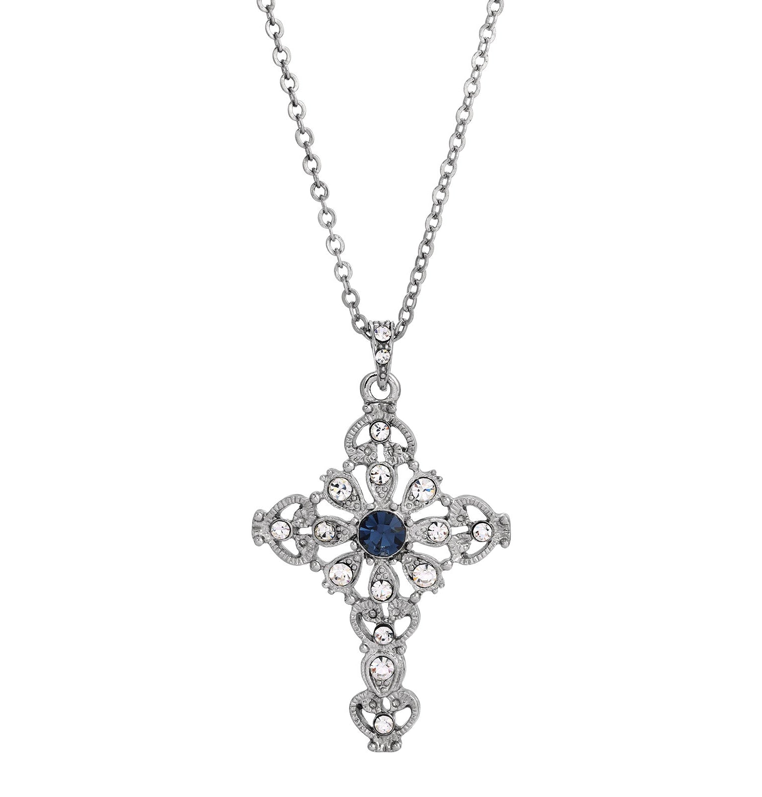 Symbols Of Faith Blue And Crystal Cross Pendant Necklace 16" + 3" Extender
