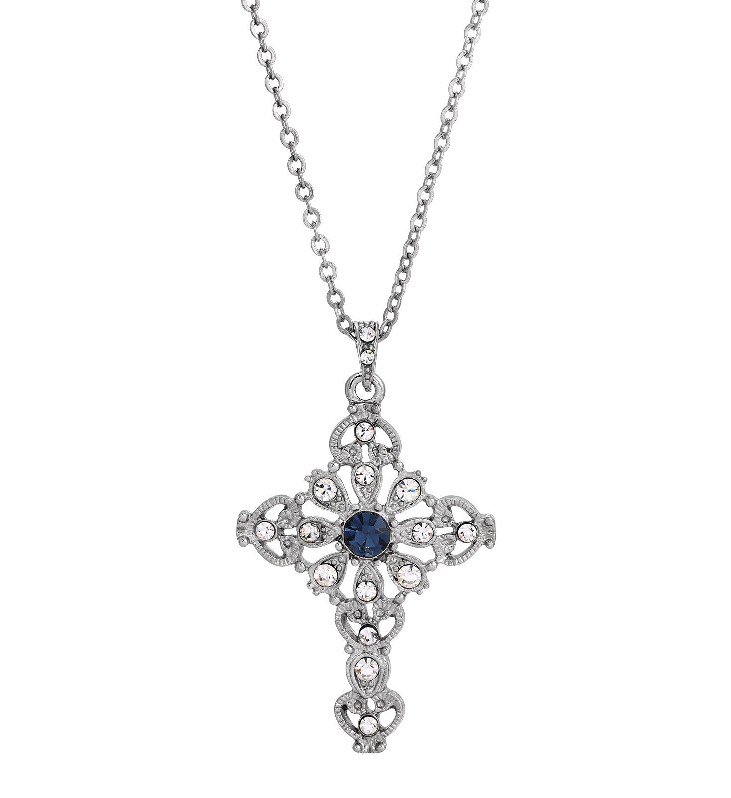 Symbols Of Faith Blue And Crystal Cross Pendant Necklace 16" + 3" Extender