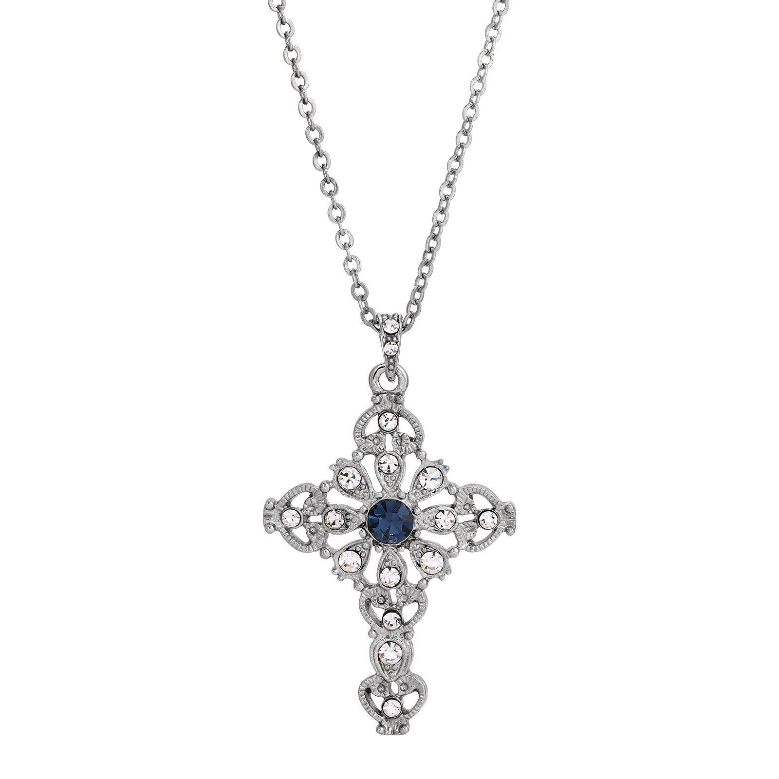 Symbols Of Faith Blue And Crystal Cross Pendant Necklace 16" + 3" Extender