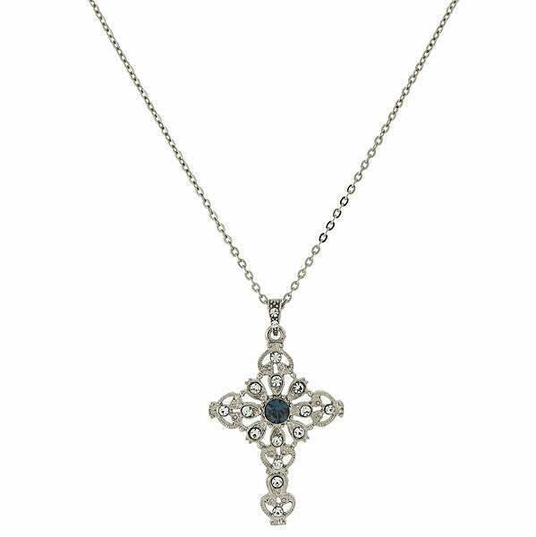 Symbols Of Faith Blue And Crystal Cross Pendant Necklace 16" + 3" Extender