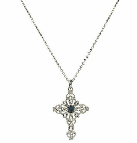 Symbols Of Faith Blue And Crystal Cross Pendant Necklace 16" + 3" Extender